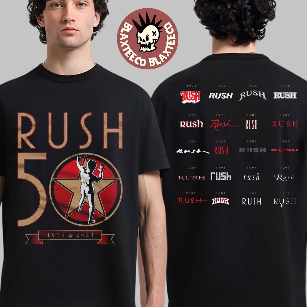 Rush 50th Anniversary Merch R50 Studio Logo List Two Sided T-Shirt Unisex T-shirt, Sweatshirt, Hoodie, Long Sleeve Tee - T-Shirt, Sweatshirt, Hoodie