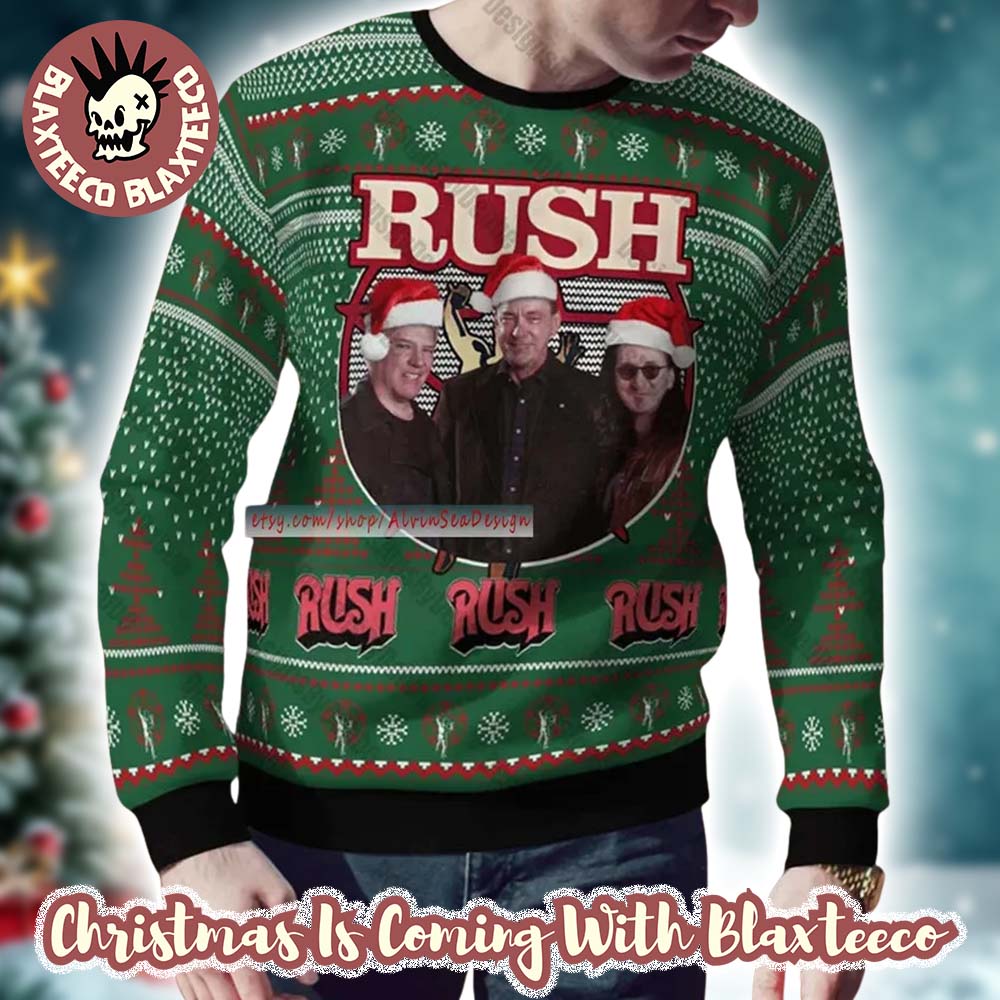 Rush Band Funny Band Members With Santa Hat Happy Holiday Knitted Green Ugly Christmas Sweater - T-Shirt, Sweatshirt, Hoodie