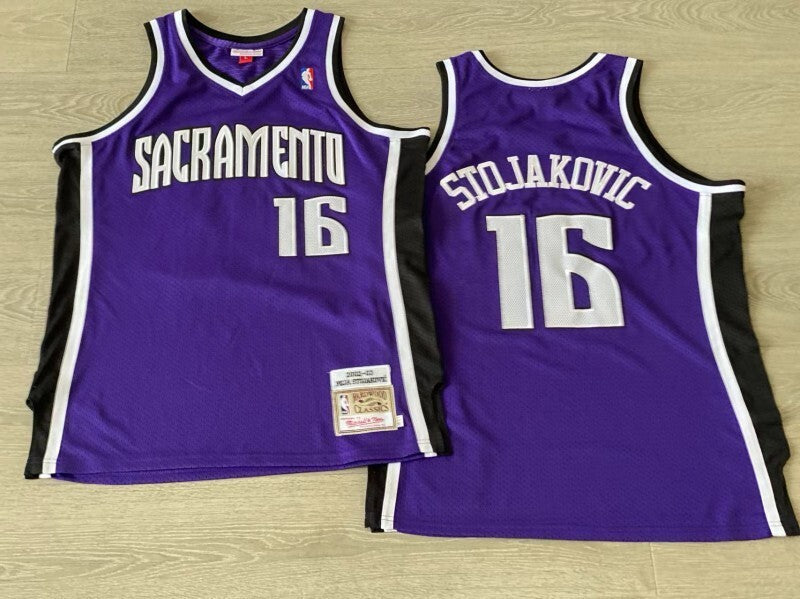 Sacramento Kings #16 Peja Stojakovic mitchell&ness Kings 16 # Ja 2002-03 Season Purple Embroidered Style 3 basketball jersey product view 1