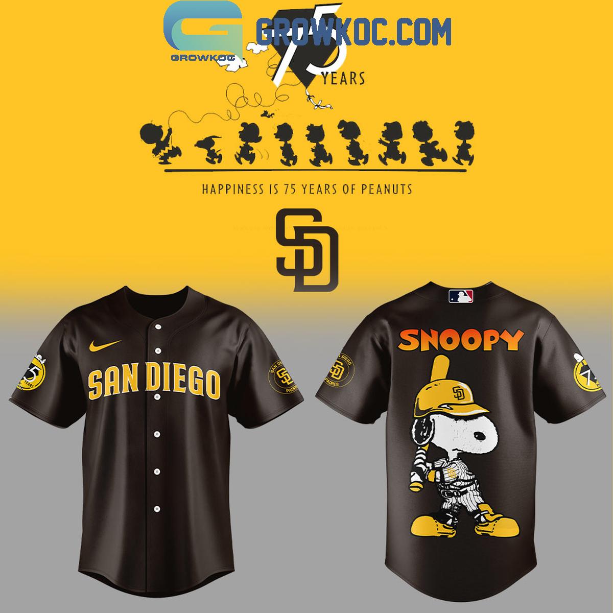San Diego Padres Happiness Is 75 Years Of Peanuts Baseball Jersey baseball jersey product view 1