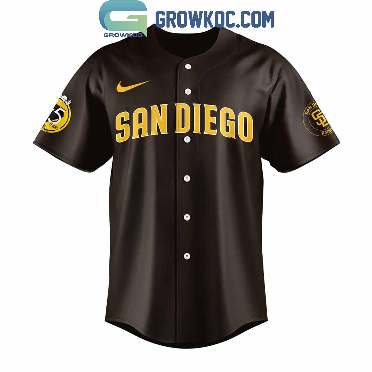 San Diego Padres Happiness Is 75 Years Of Peanuts Baseball Jersey baseball jersey product view 2
