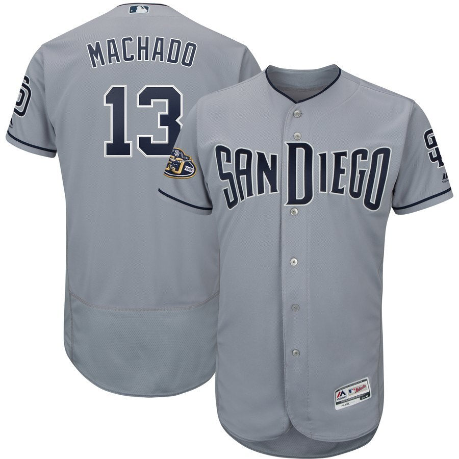San Diego Padres #13 Manny Machado Majestic Patch Flex Base Player Jersey – Gray Baseball Jersey baseball jersey product view 1