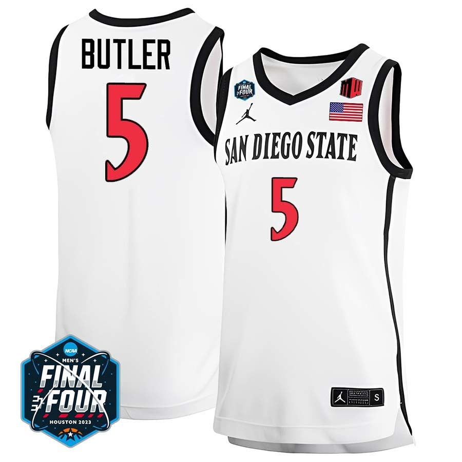 San Diego State #5 Lamont Butler 2023 Final Four College Basketball Limited Jersey – White basketball jersey product view 1