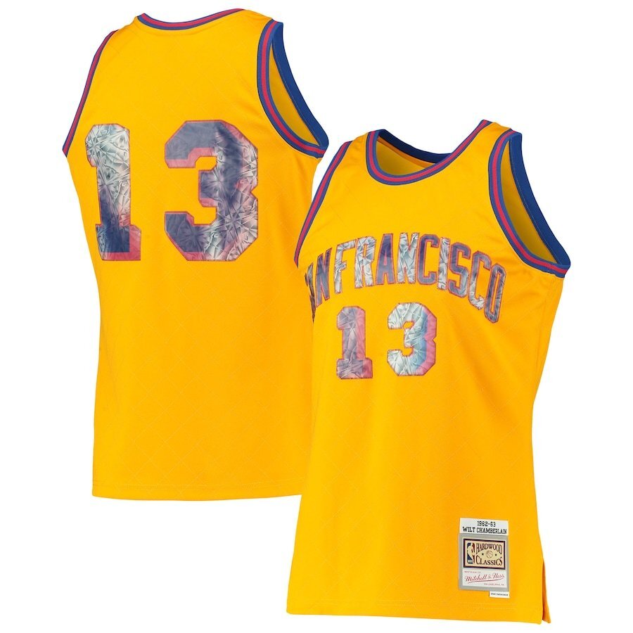 San Francisco Warriors #13 Wilt Chamberlain Mitchell & Ness 1962-63 Hardwood Classics 75th Anniversary Diamond Swingman basketball jersey product view 1