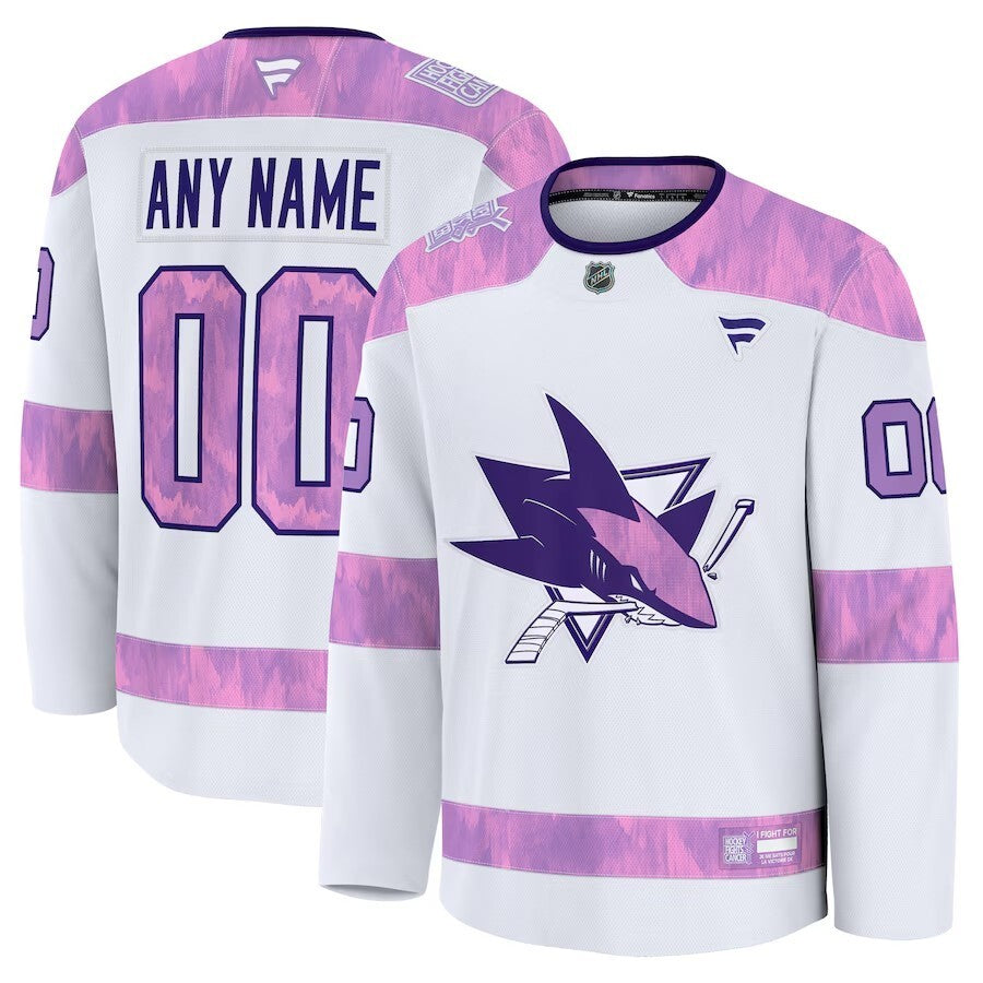 San Jose Sharks Fanatics 2024 Hockey Fights Cancer Custom Practice Jersey - White Hockey Jersey hockey jersey product view 1