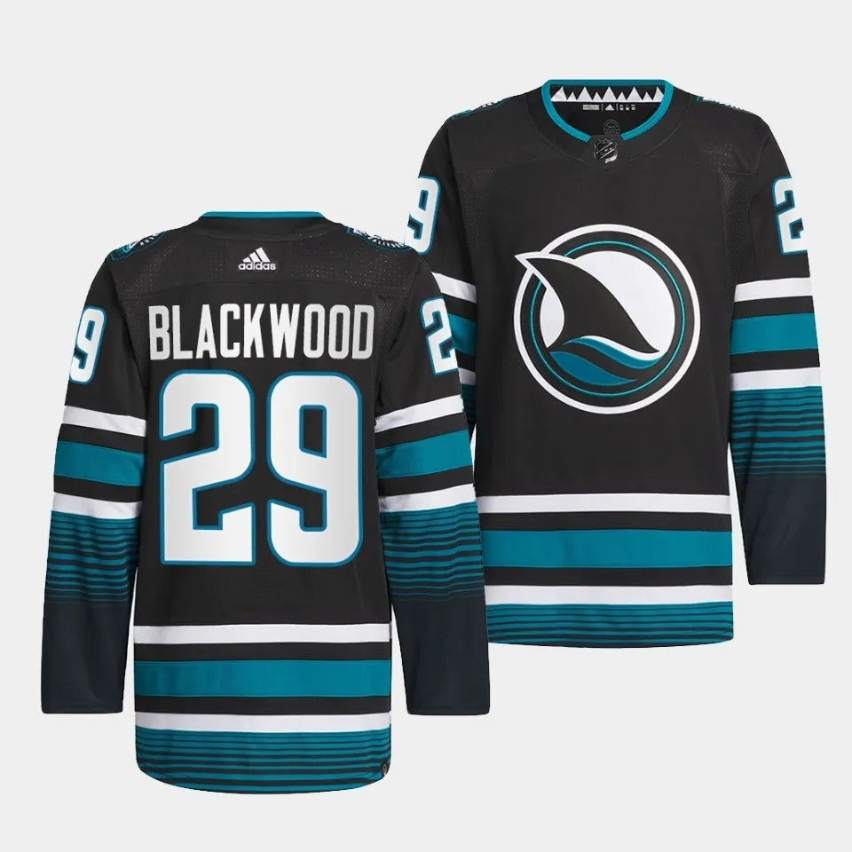San Jose Sharks #29 Mackenzie Blackwood 2023-24 Cali Fin 3rd Alternate Jersey Hockey Jersey hockey jersey product view 1