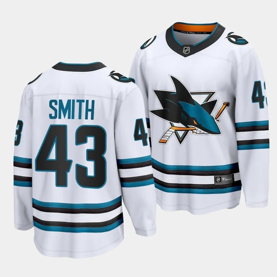 San Jose Sharks #43 William Smith Away White Jersey 2023 NHL Draft Hockey Jersey hockey jersey product view 1