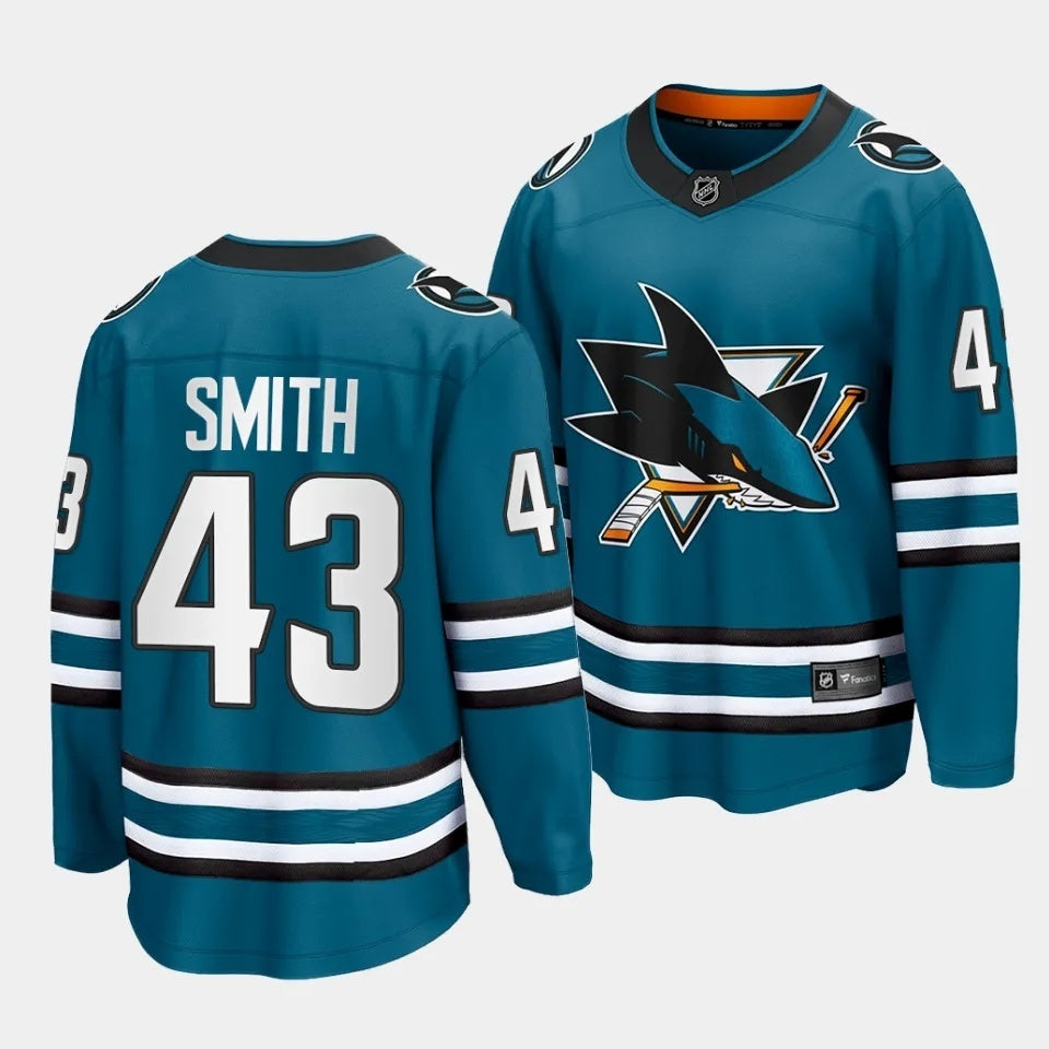 San Jose Sharks #43 William Smith Home Teal Jersey 2023 NHL Draft Hockey Jersey hockey jersey product view 1