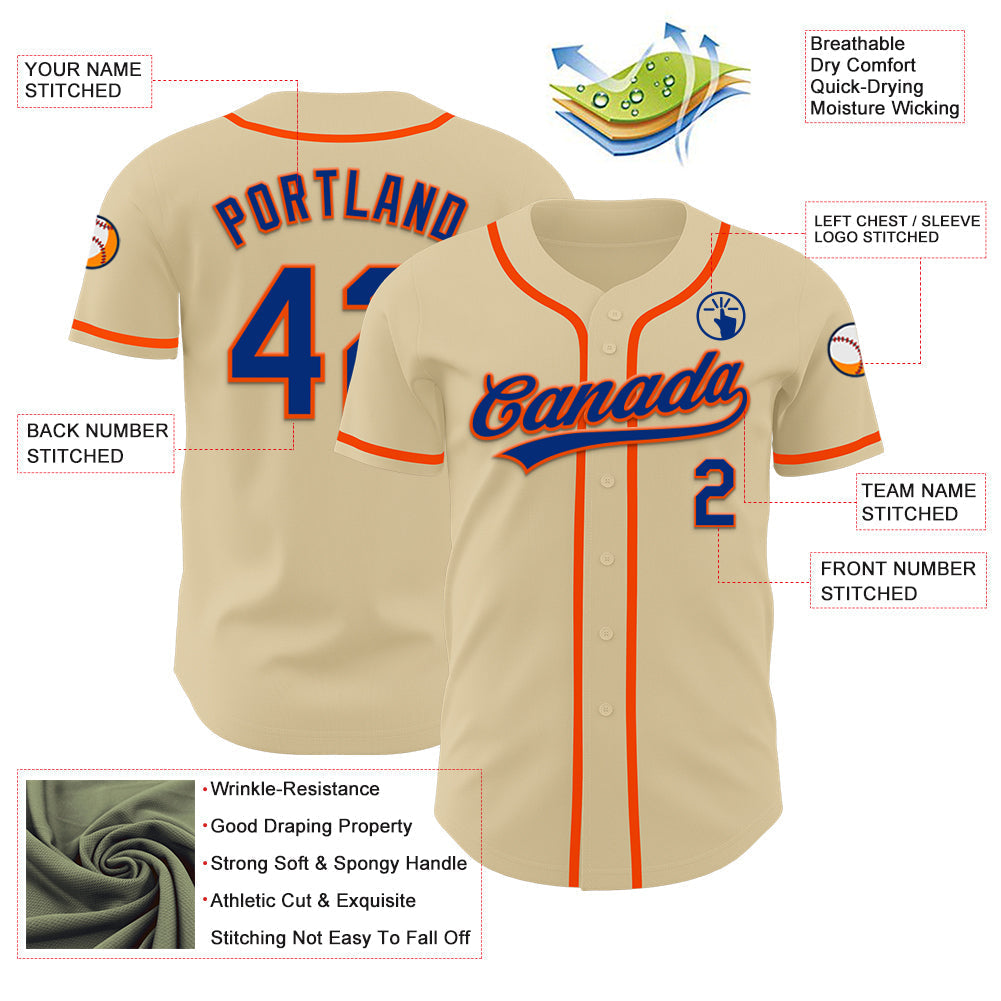 Custom Sand Royal-Orange Authentic Baseball Jersey baseball jersey product view 3