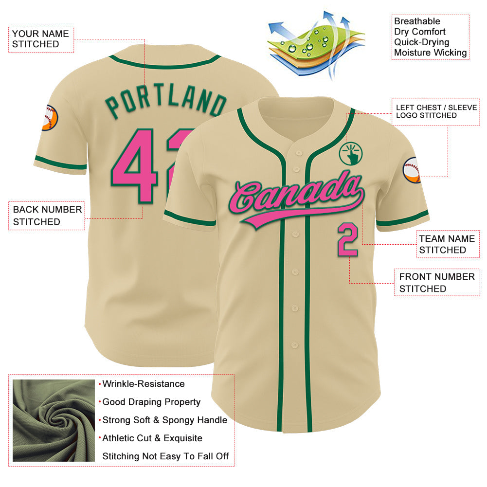 Custom Sand Pink-Kelly Green Authentic Baseball Jersey baseball jersey product view 3