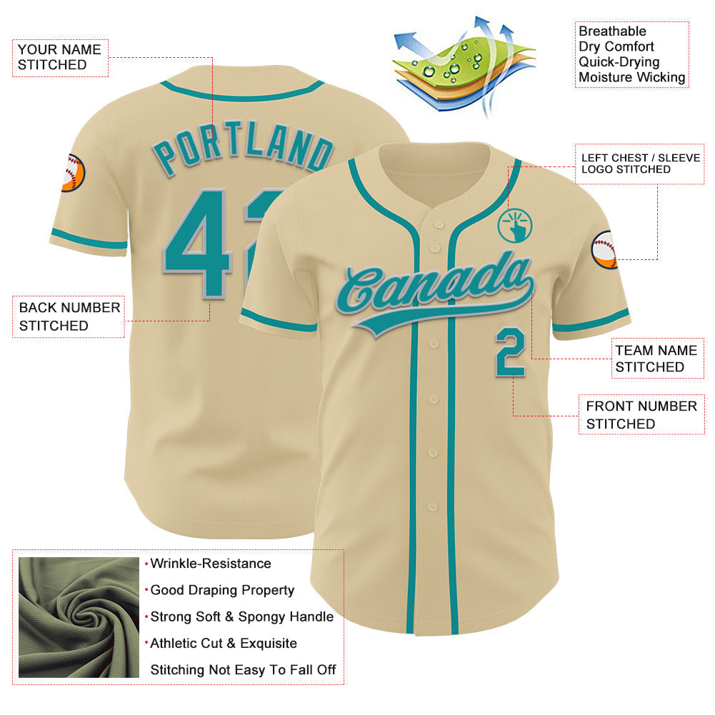 Custom Sand Teal-Gray Authentic Baseball Jersey baseball jersey product view 3