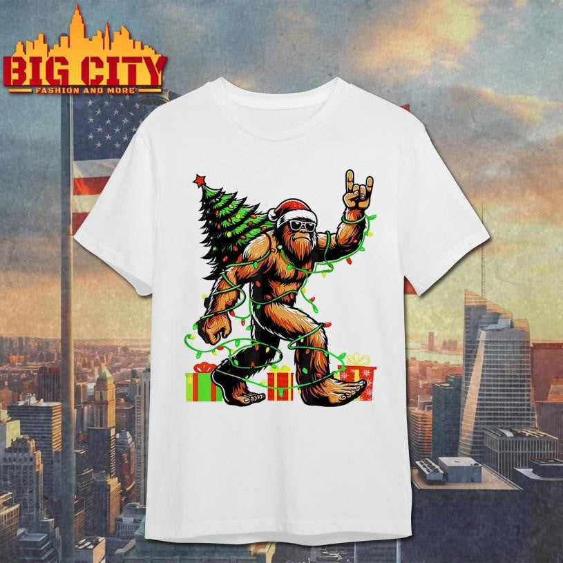 Santa Bigfoot Christmas Tree Xmas Lights Shirt Unisex T-shirt, Sweatshirt, Hoodie, Long Sleeve Tee - T-Shirt, Sweatshirt, Hoodie