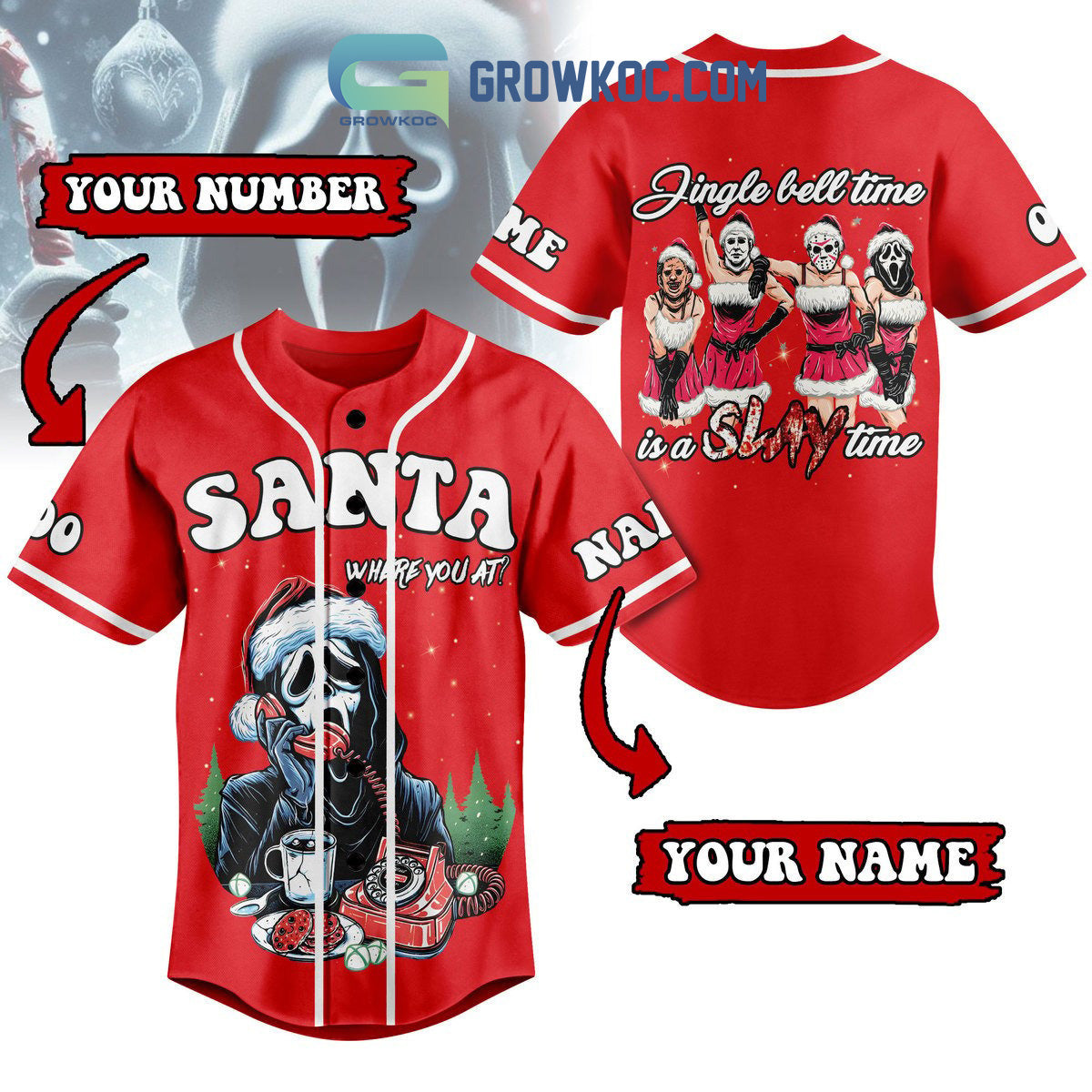 Santa Where You At Jingle Bell Time Is A Slay Time Horror Movies Personalized Baseball Jersey baseball jersey product view 1