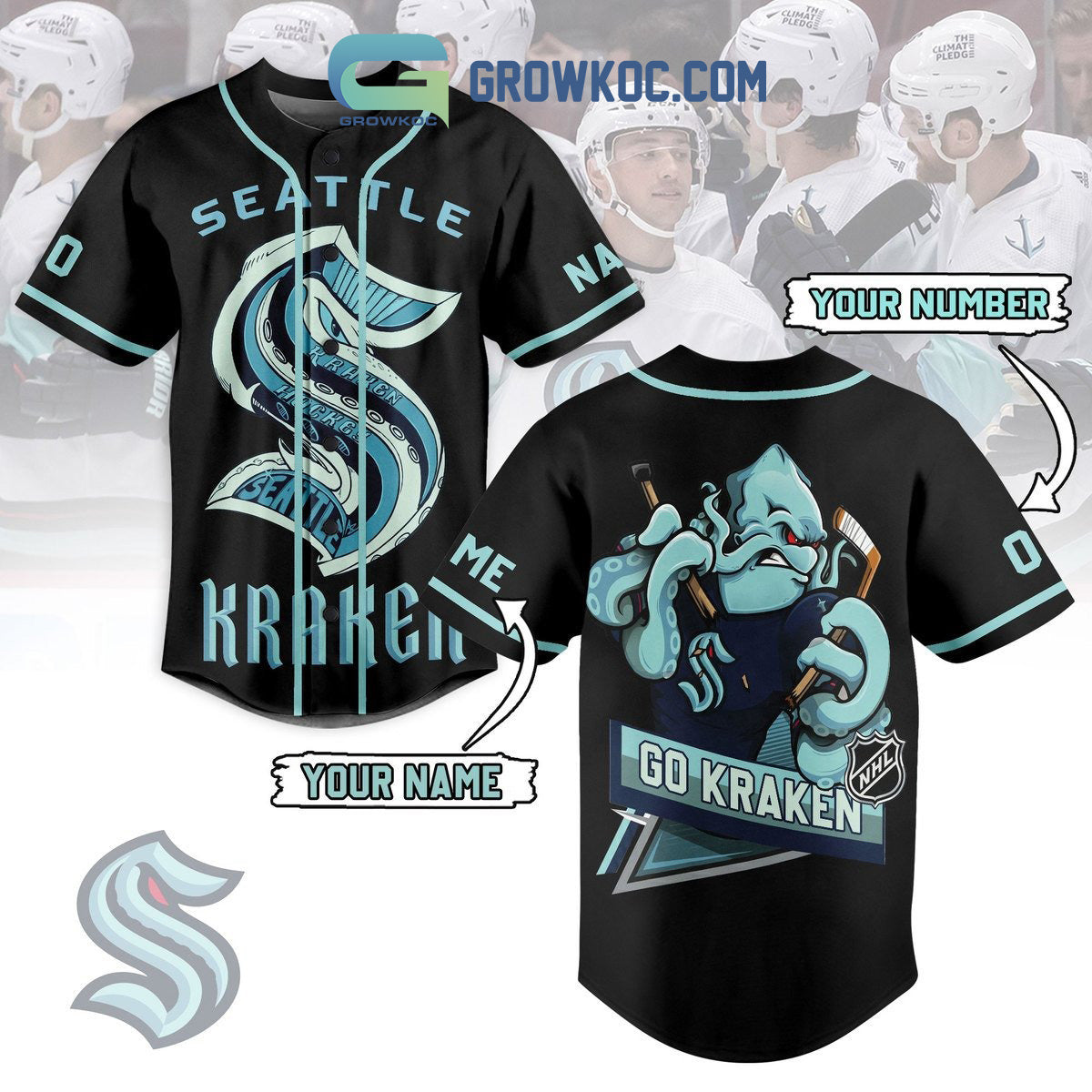 Seattle Kraken Go Kraken Personalized Baseball Jersey baseball jersey product view 1
