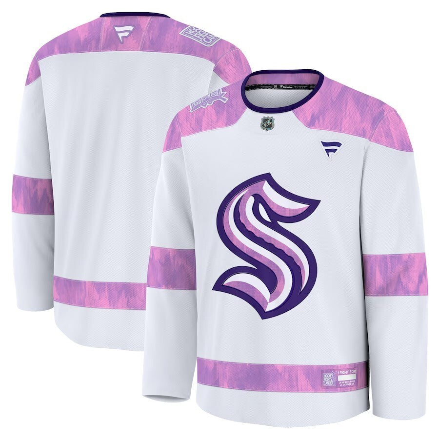 Seattle Kraken 2024 Hockey Fights Cancer Practice Jersey - White Hockey Jersey hockey jersey product view 1
