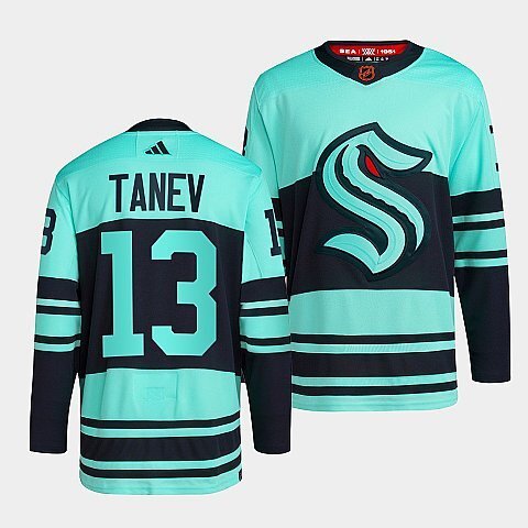 Seattle Kraken #13 brandon-tanev-ice-blue-2022reverse-retro-2.0-authentic-primegreen-jersey hockey jersey product view 1