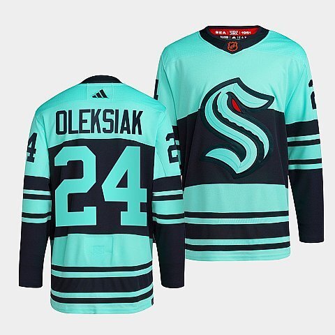 Seattle Kraken #24 jamie-oleksiak-ice-blue-2022reverse-retro-2.0-authentic-primegreen-jersey hockey jersey product view 1