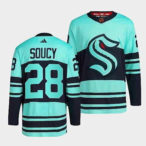 Seattle Kraken #28 carson-soucy-ice-blue-2022reverse-retro-2.0-authentic-primegreen-jersey hockey jersey product view 1