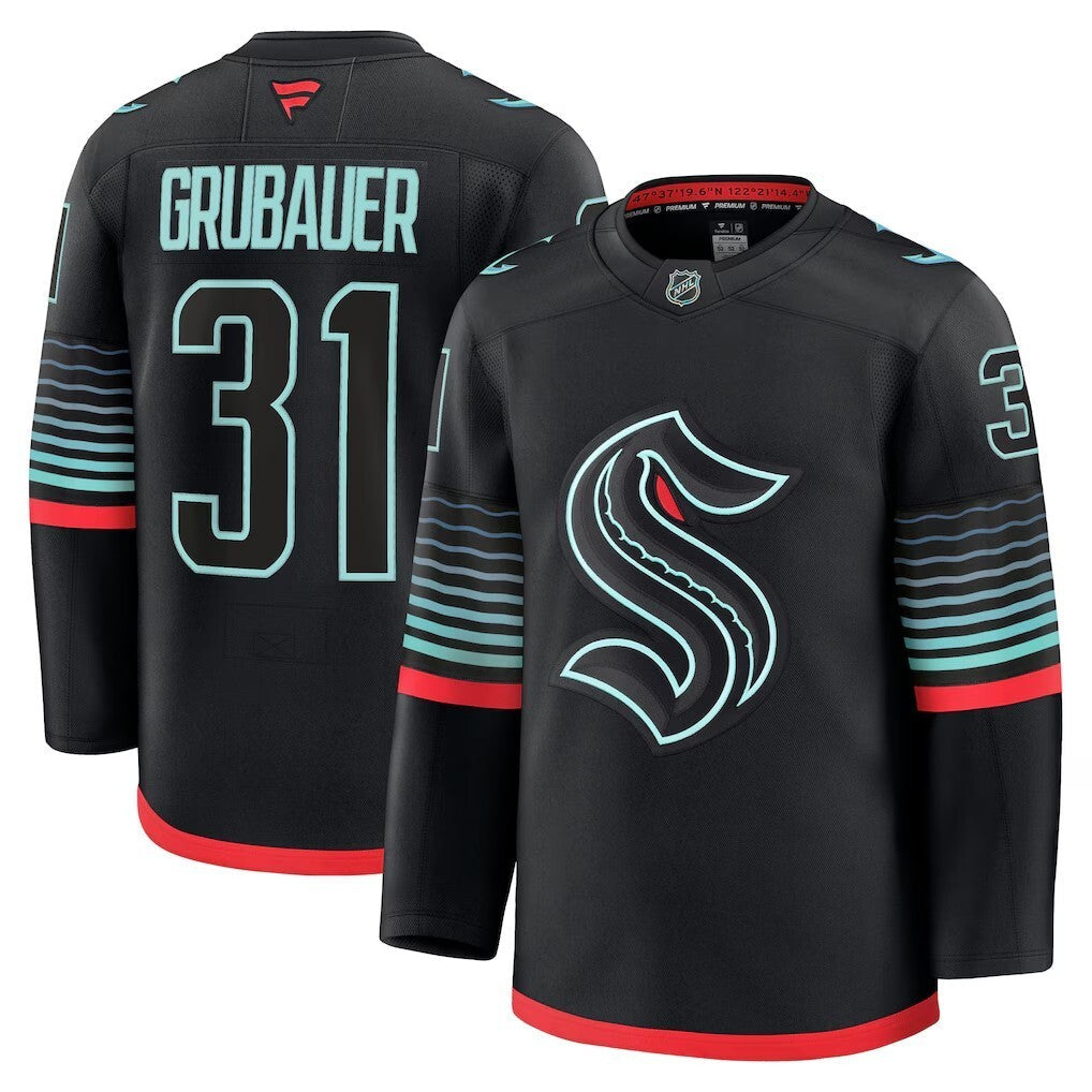Seattle Kraken #31 Philipp Grubauer Alternate Premium Player Jersey - Black Hockey Jersey hockey jersey product view 1