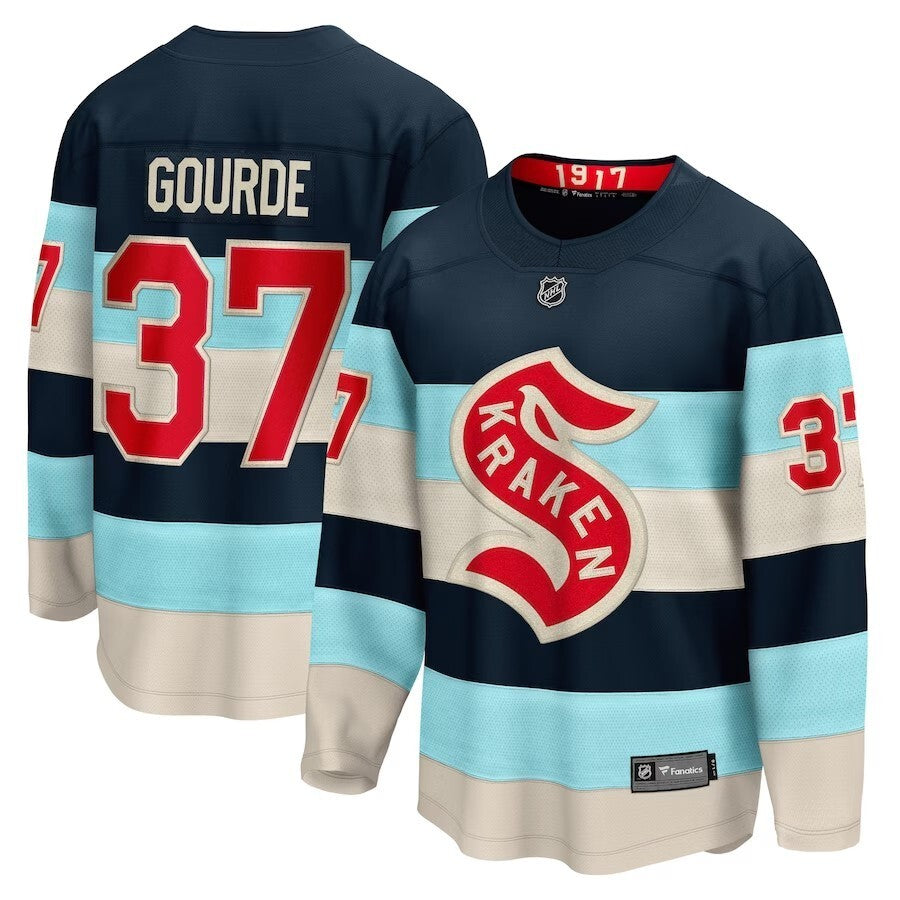 Seattle Kraken #37 Yanni Gourde Branded 2024 NHL Winter Classic Breakaway Player Jersey - Deep Sea Blue hockey jersey product view 1