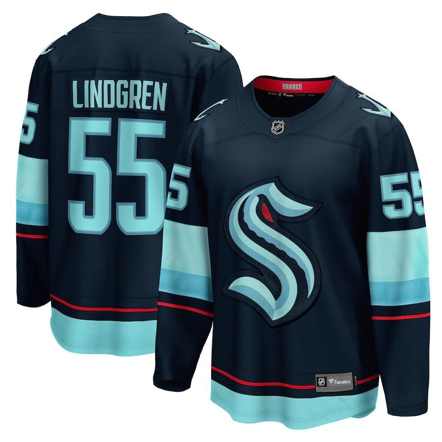 Seattle Kraken #55 Ryan Lindgren Home Breakaway Jersey - Deep Sea Blue Hockey Jersey hockey jersey product view 1