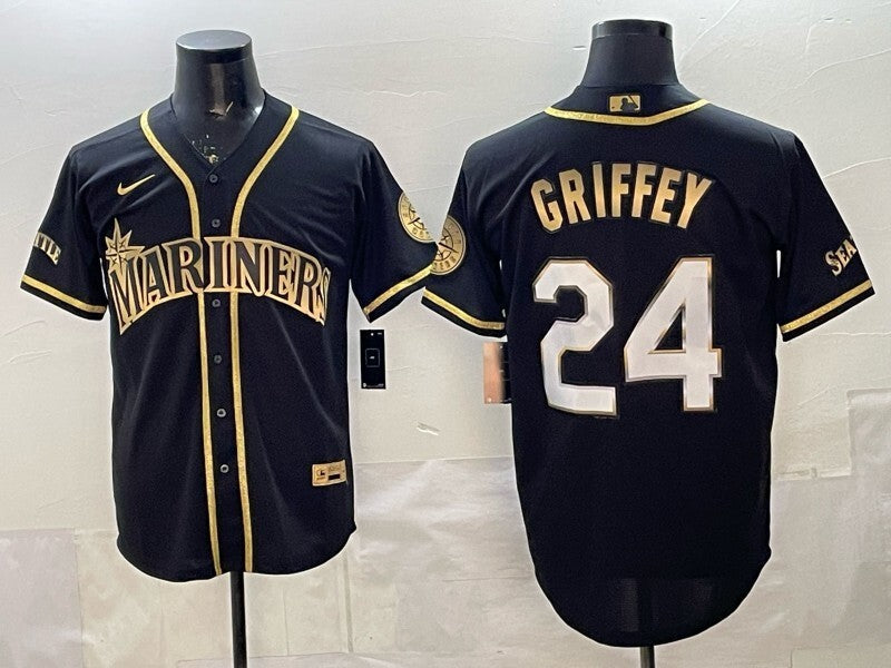Seattle Mariners #24 Ken Griffey Jr. Mariners Black Gold V3 Baseball Jersey baseball jersey product view 1