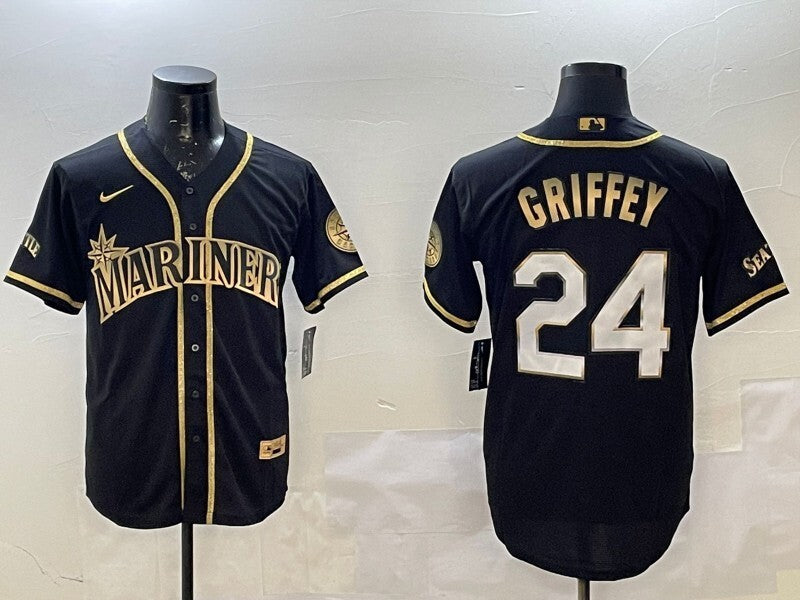 Seattle Mariners #24 Ken Griffey Jr. Mariners Gold Text Baseball Jersey baseball jersey product view 1