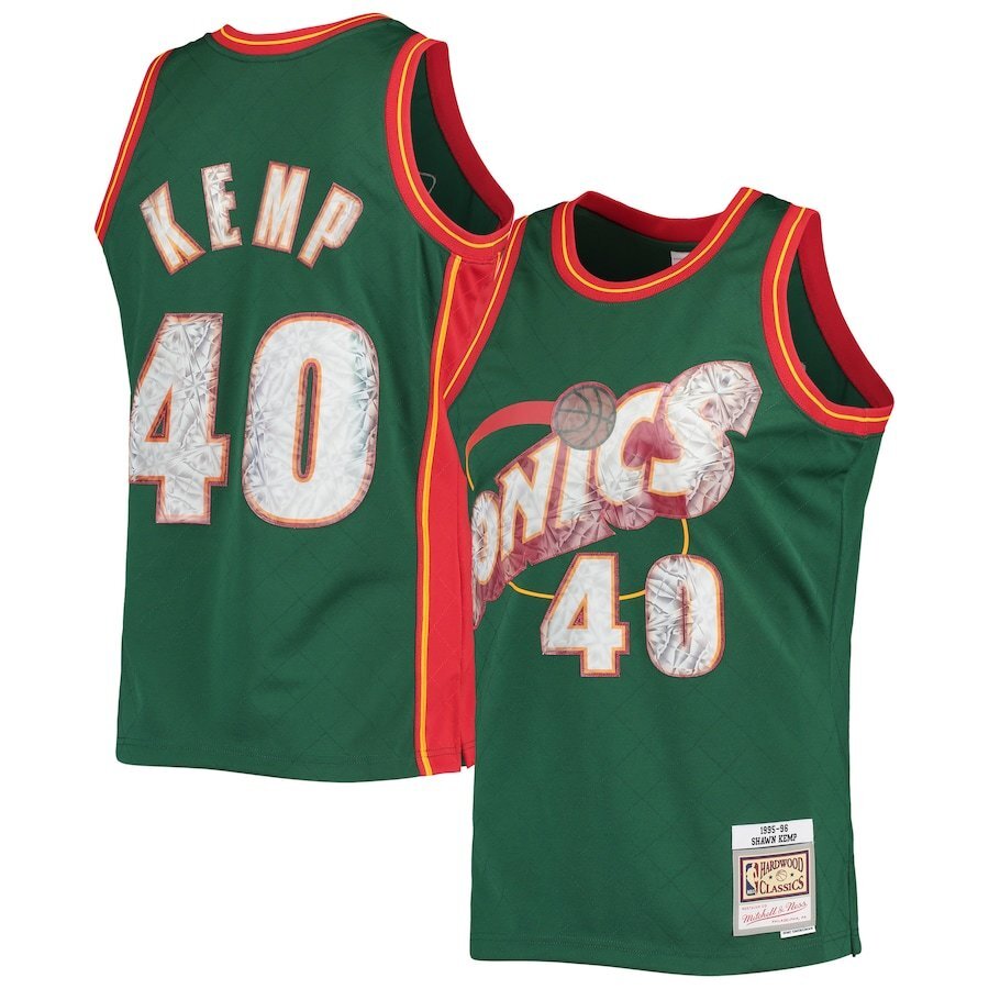 Seattle SuperSonics #40 Shawn Kemp Mitchell & Ness 1995-96 Hardwood Classics 75th Anniversary Diamond Swingman Jersey basketball jersey product view 1