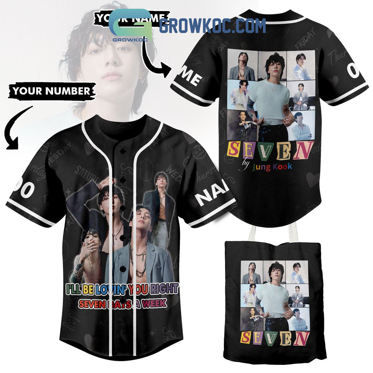 Seven By Jung Kook I’ll Be Lovin’ You Right Seven Days A Week Personalized Baseball Jersey baseball jersey product view 1
