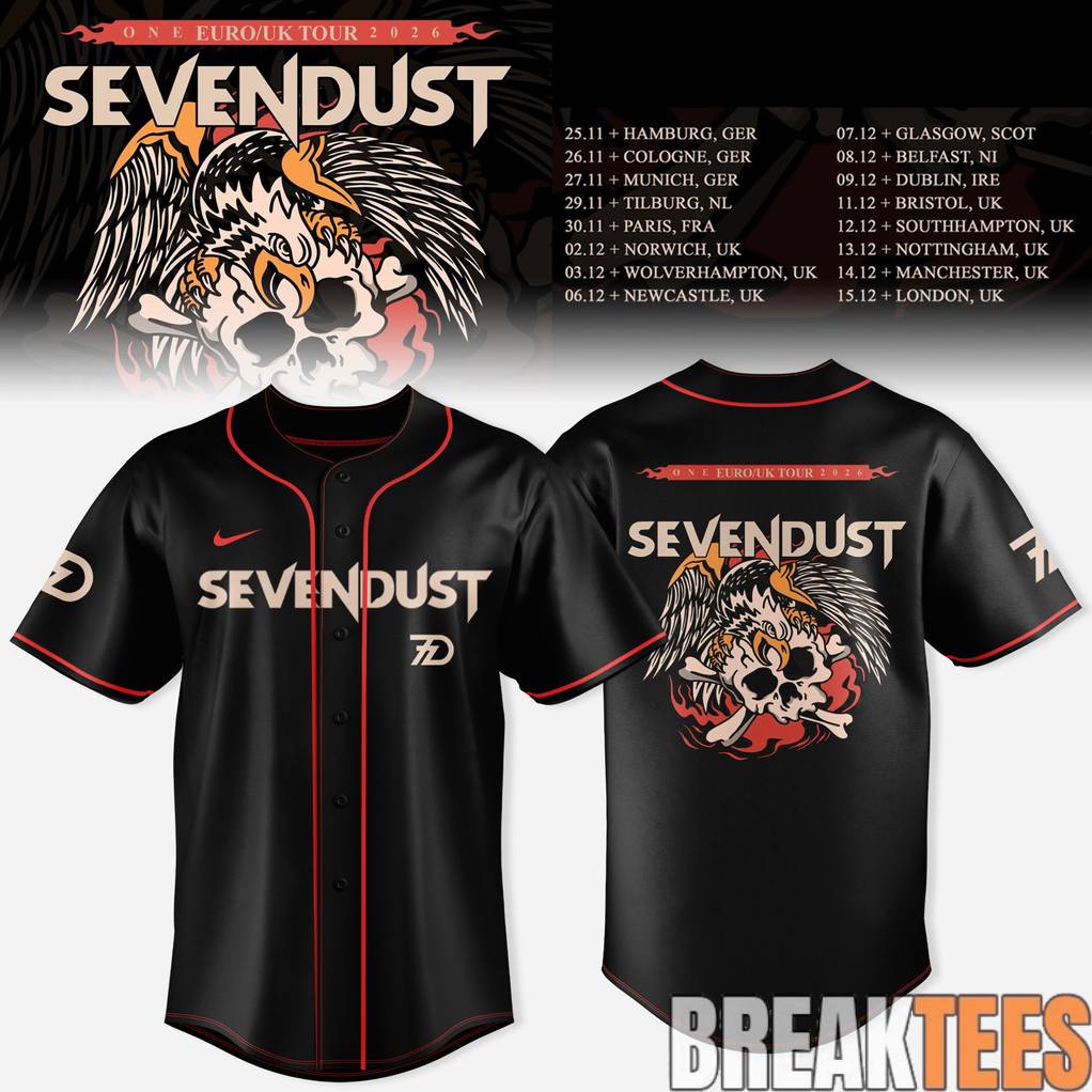 Sevendust 2026 Europe UK Tour Special Baseball Jersey Unisex T-shirt, Sweatshirt, Hoodie, Long Sleeve Tee - T-Shirt, Sweatshirt, Hoodie