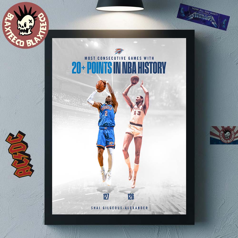 Shai Gilgeous Alexander OKC Thunder Most Consecutive Games With 20+ Points In NBA History Home Decor Poster Canvas - T-Shirt, Sweatshirt, Hoodie