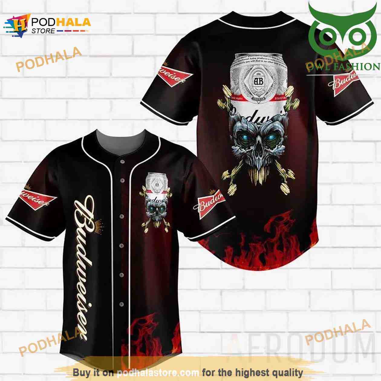 Skull Fire Budweiser 3D Baseball Jersey baseball jersey product view 1