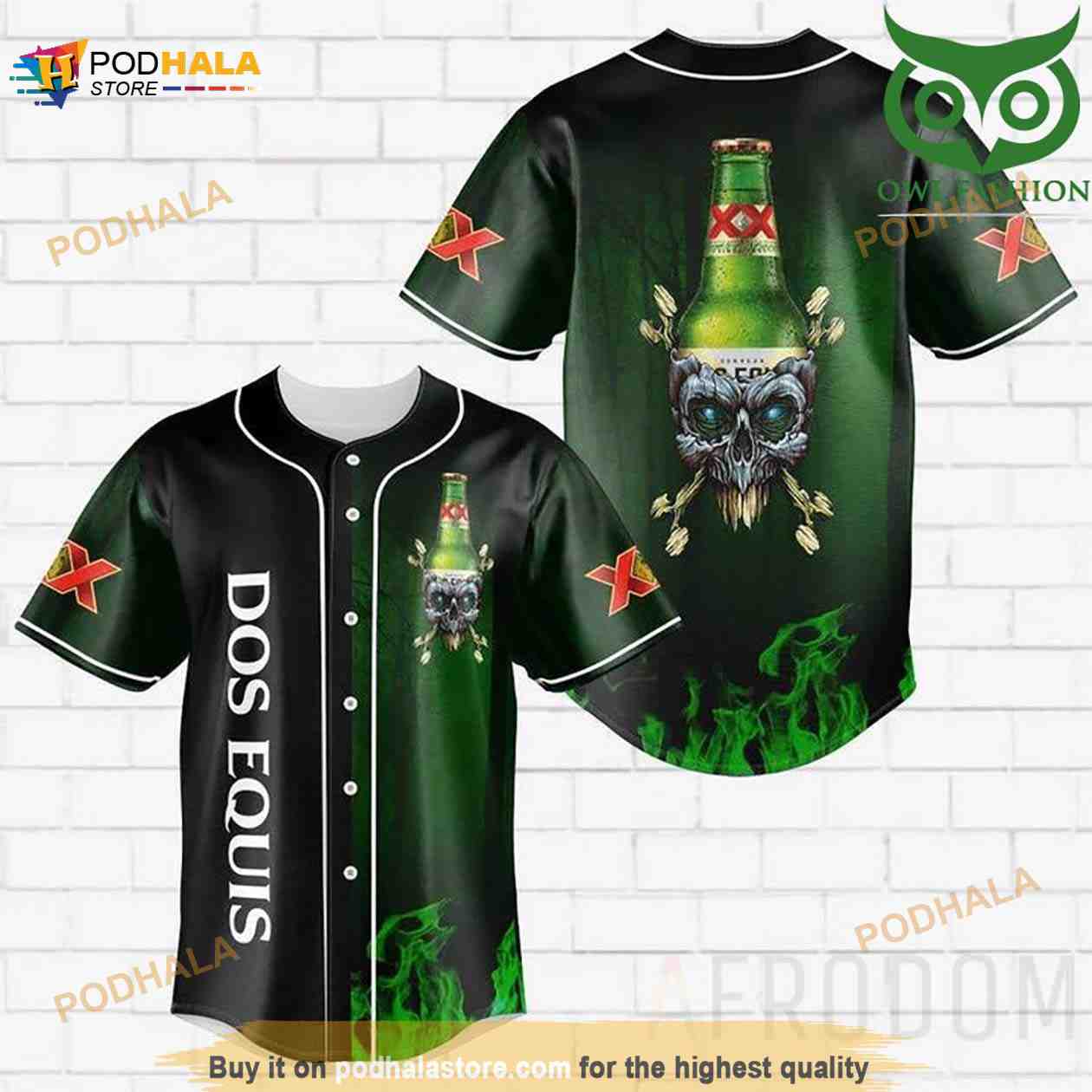 Skull Fire Dos Equis 3D Baseball Jersey baseball jersey product view 1