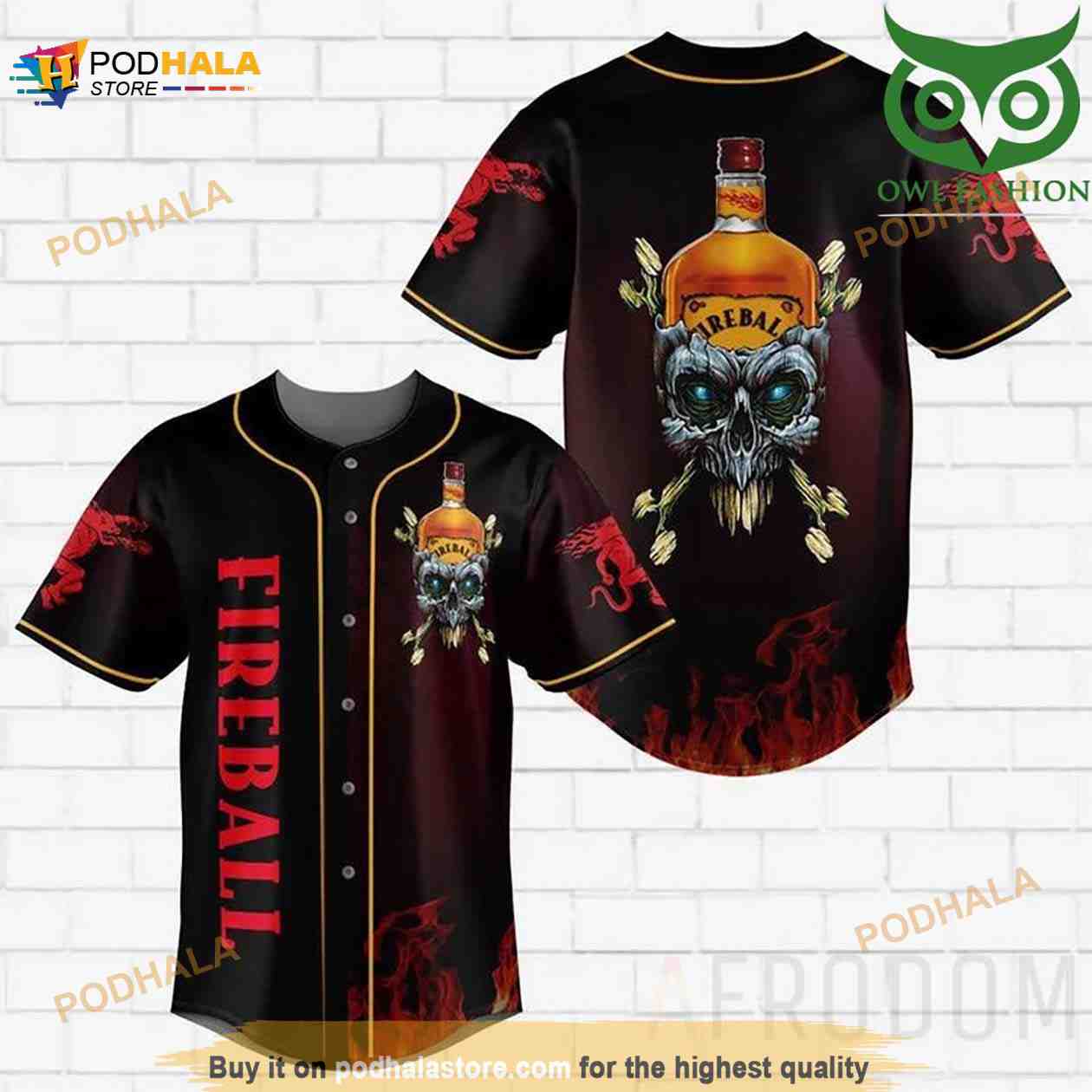 Skull Fire Fireball 3D Baseball Jersey baseball jersey product view 1
