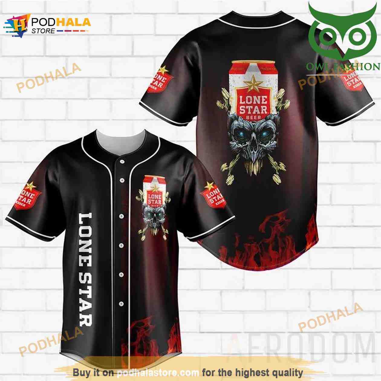 Skull Fire Lone Star Beer 3D Baseball Jersey baseball jersey product view 1