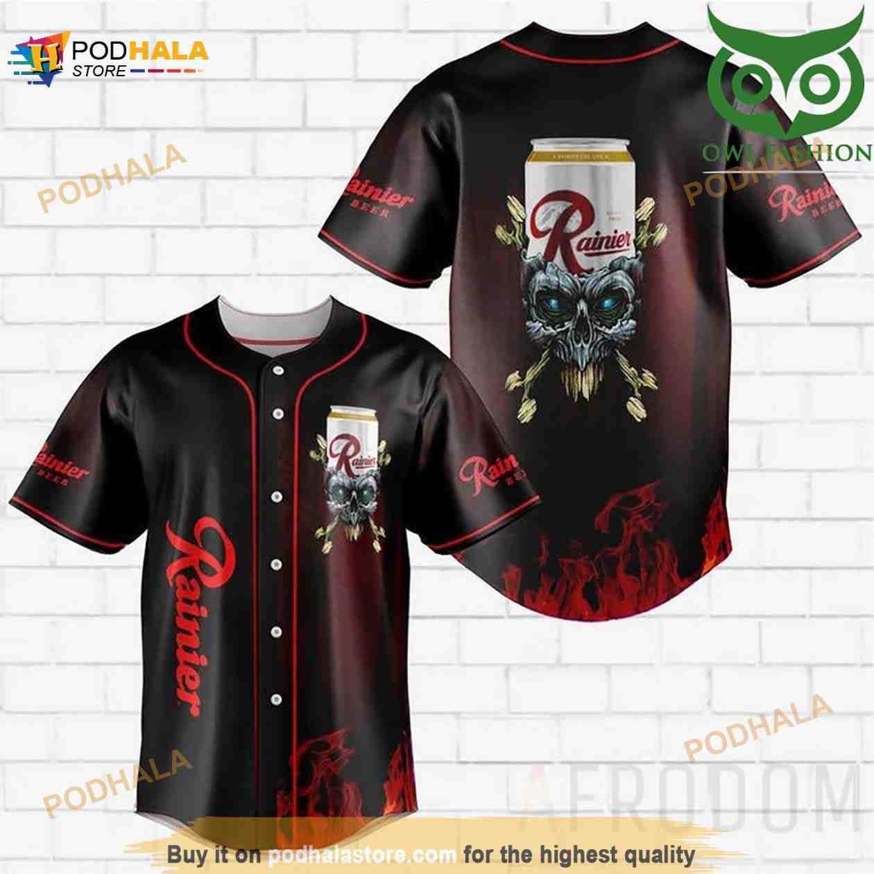 Skull Fire Rainier Beer 3D Baseball Jersey baseball jersey product view 1