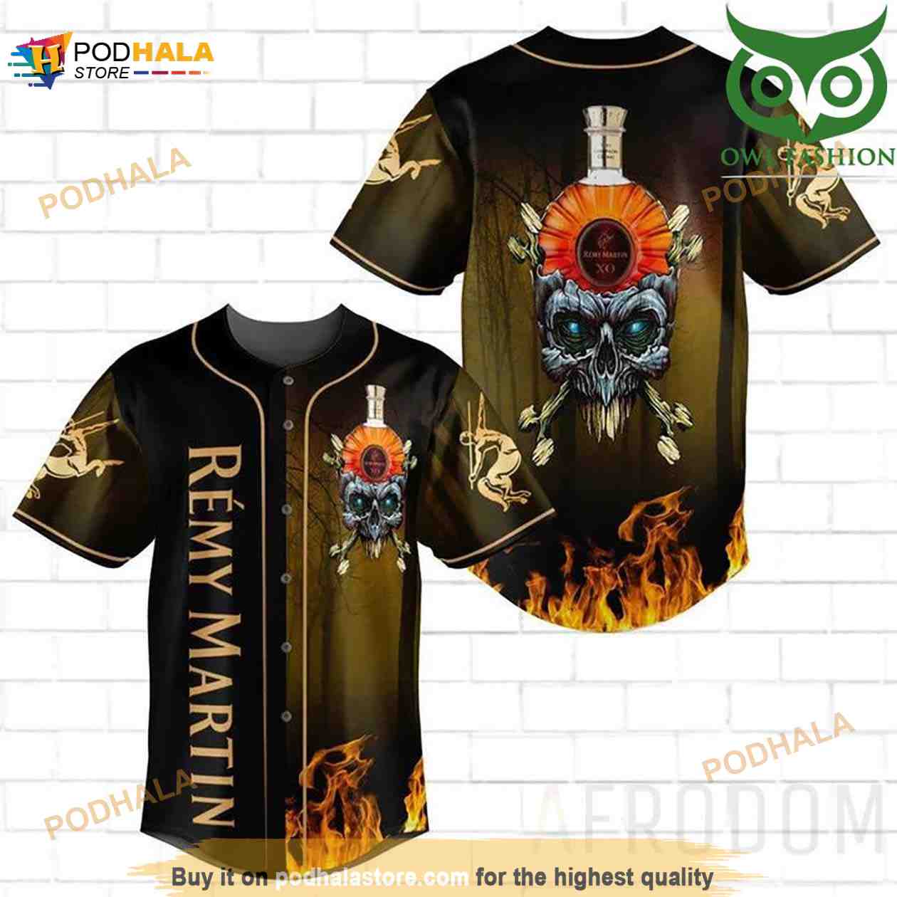 Skull Fire Remy Martin 3D Baseball Jersey baseball jersey product view 1