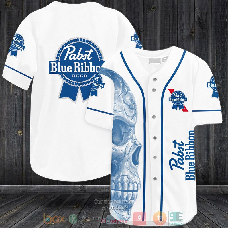 Skull Pabst Blue Ribbon Beer white blue Baseball shirt baseball jersey product view 1