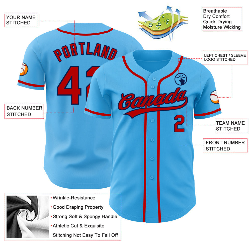 Custom Sky Blue Red-Navy Authentic Baseball Jersey baseball jersey product view 3