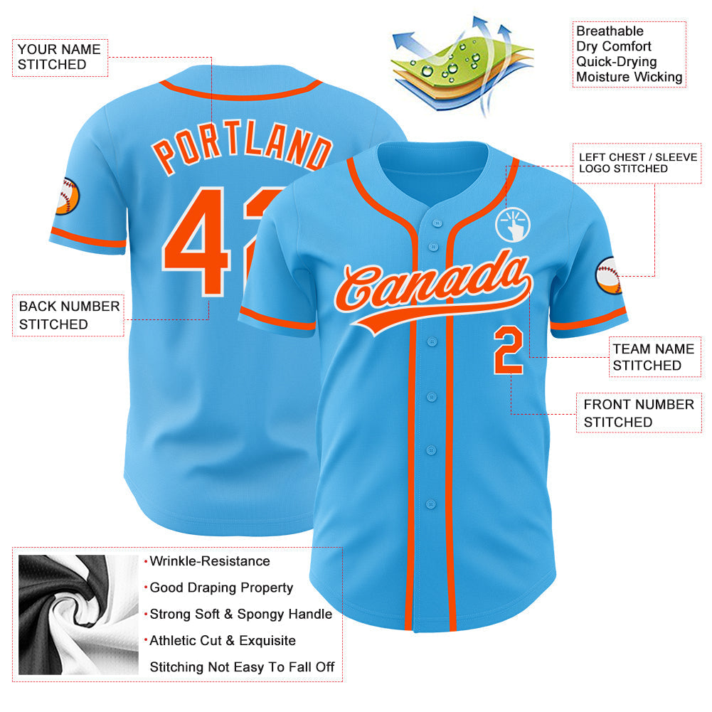 Custom Sky Blue Orange-White Authentic Baseball Jersey baseball jersey product view 3