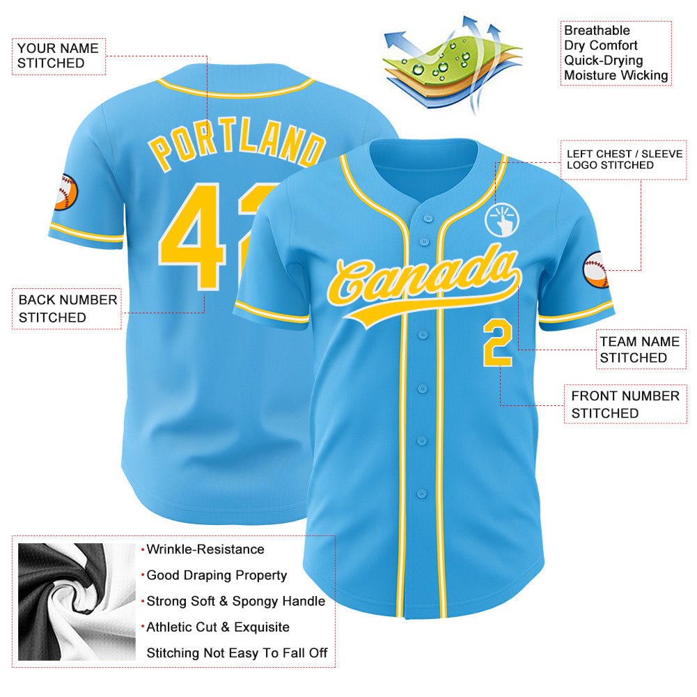 Custom Sky Blue Yellow-White Authentic Baseball Jersey baseball jersey product view 3