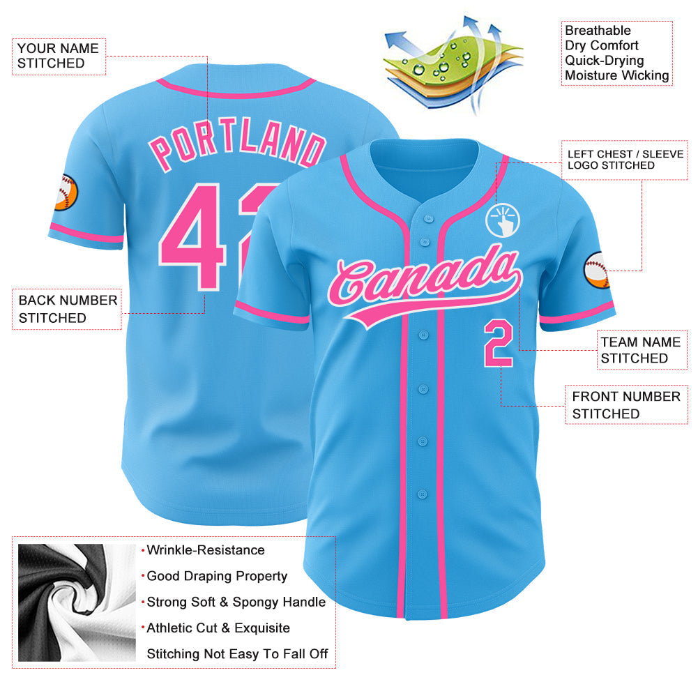 Custom Sky Blue Pink-White Authentic Baseball Jersey baseball jersey product view 3