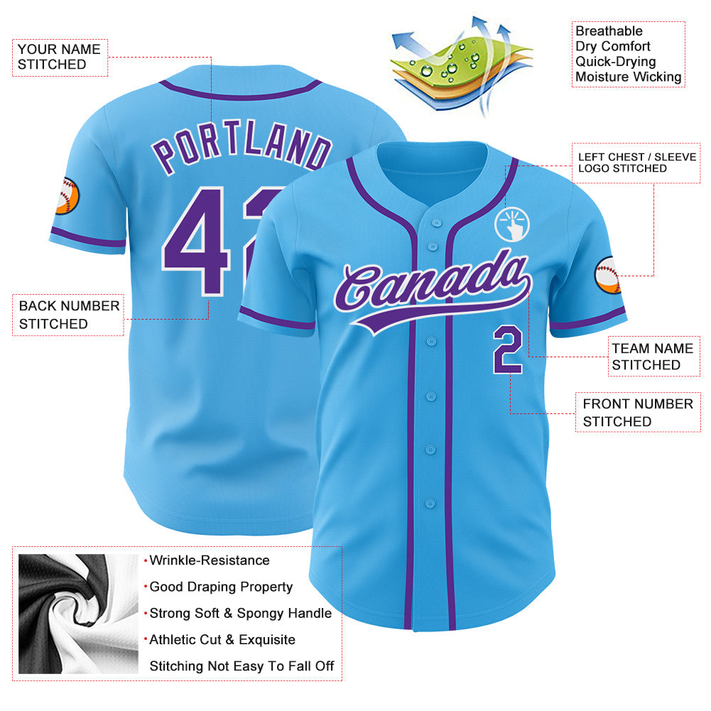 Custom Sky Blue Purple-White Authentic Baseball Jersey baseball jersey product view 3