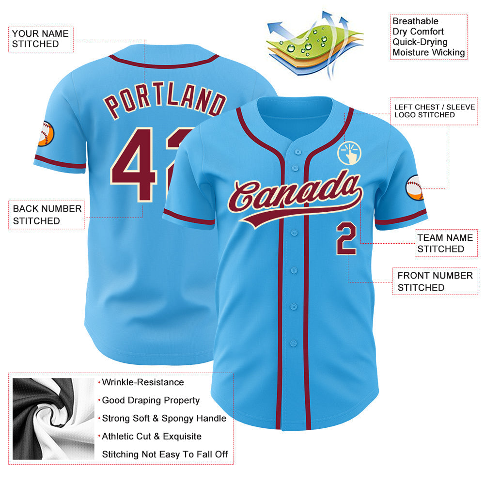 Custom Sky Blue Crimson-Cream Authentic Baseball Jersey baseball jersey product view 3
