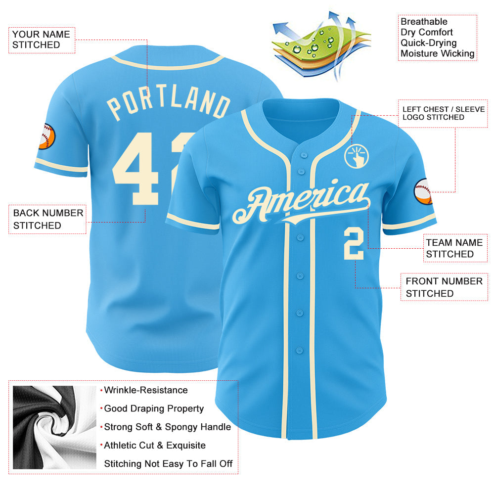 Custom Sky Blue Cream Authentic Baseball Jersey baseball jersey product view 3