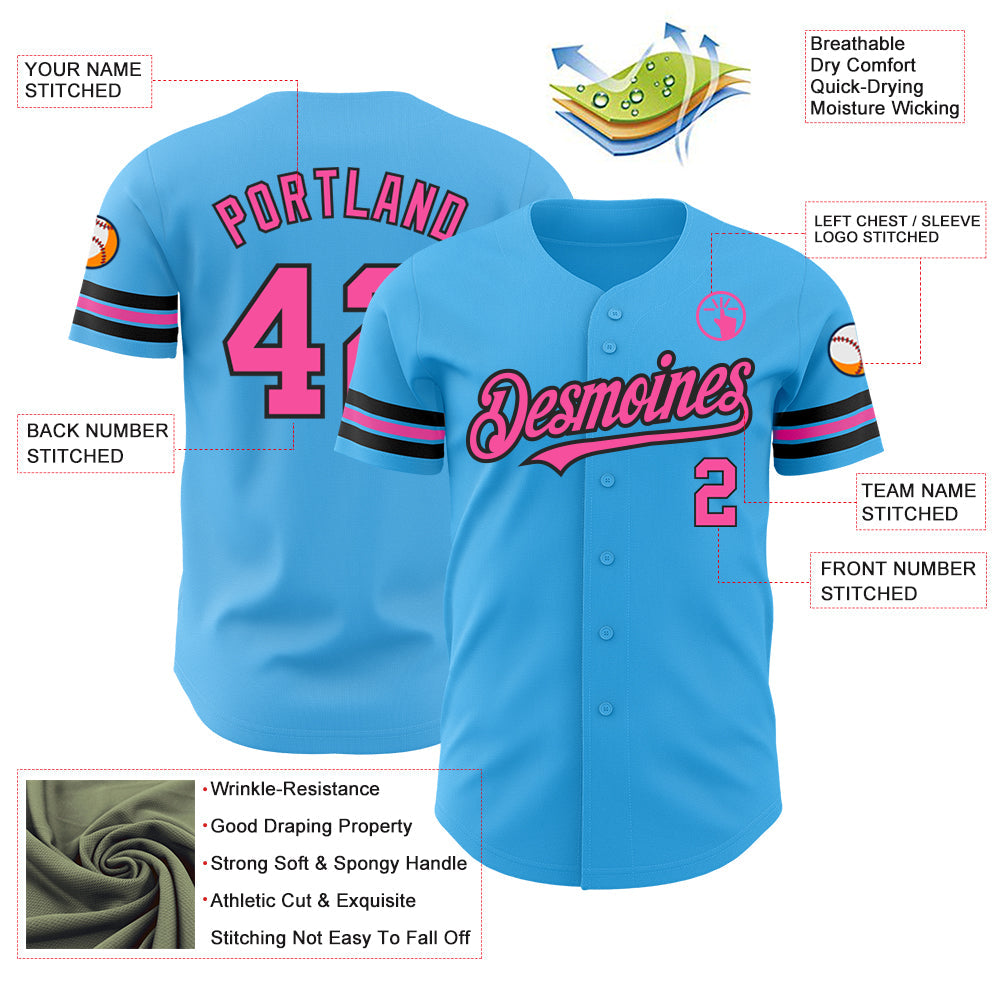 Custom Sky Blue Pink-Black Authentic Baseball Jersey baseball jersey product view 3