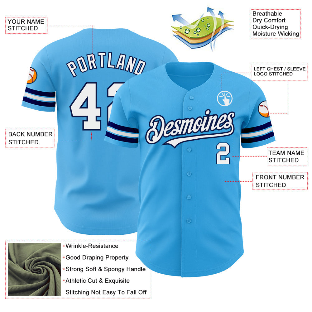 Custom Sky Blue White-Navy Authentic Baseball Jersey baseball jersey product view 3