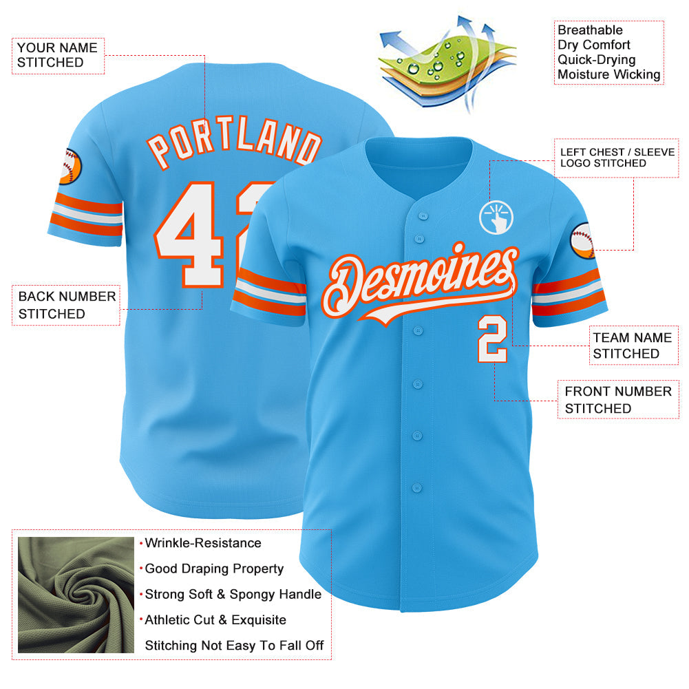 Custom Sky Blue White-Orange Authentic Baseball Jersey baseball jersey product view 3