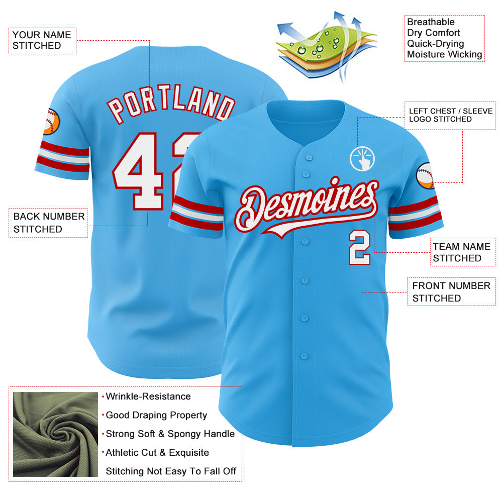 Custom Sky Blue White-Red Authentic Baseball Jersey baseball jersey product view 3
