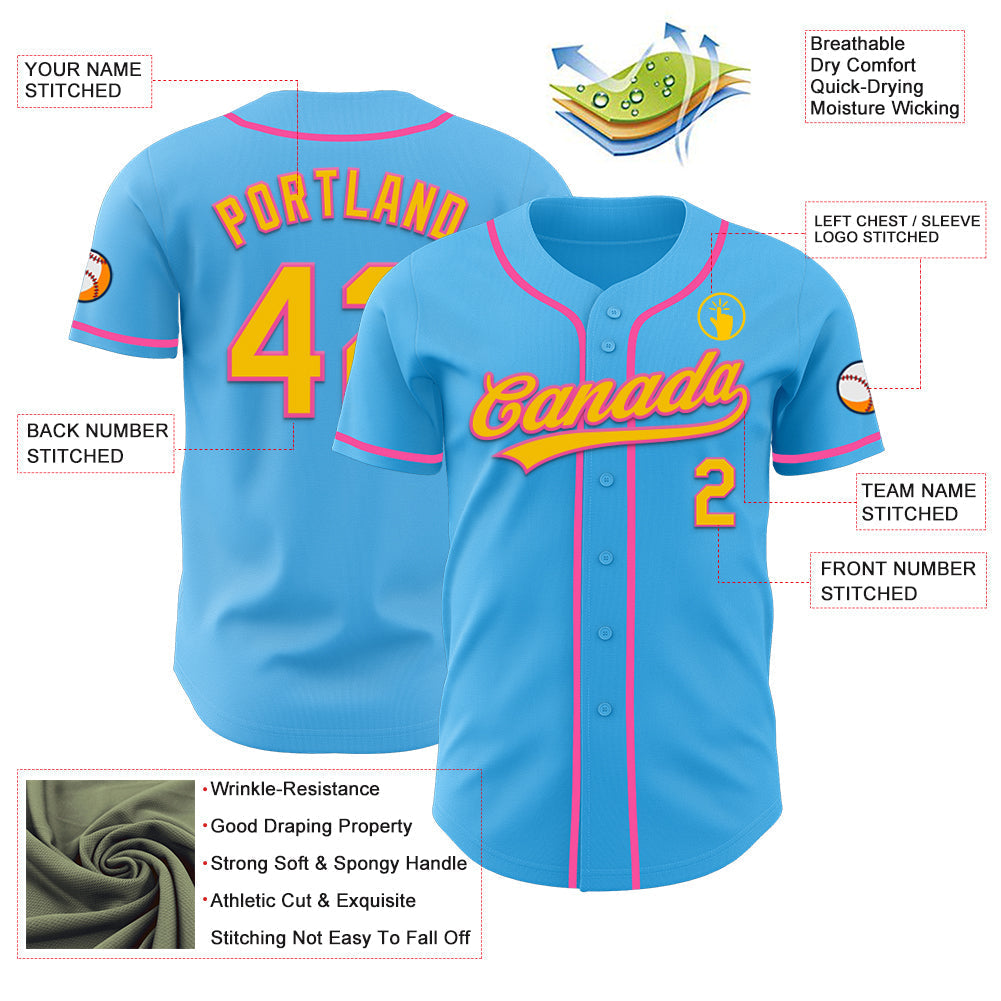 Custom Sky Blue Yellow-Pink Authentic Baseball Jersey baseball jersey product view 3